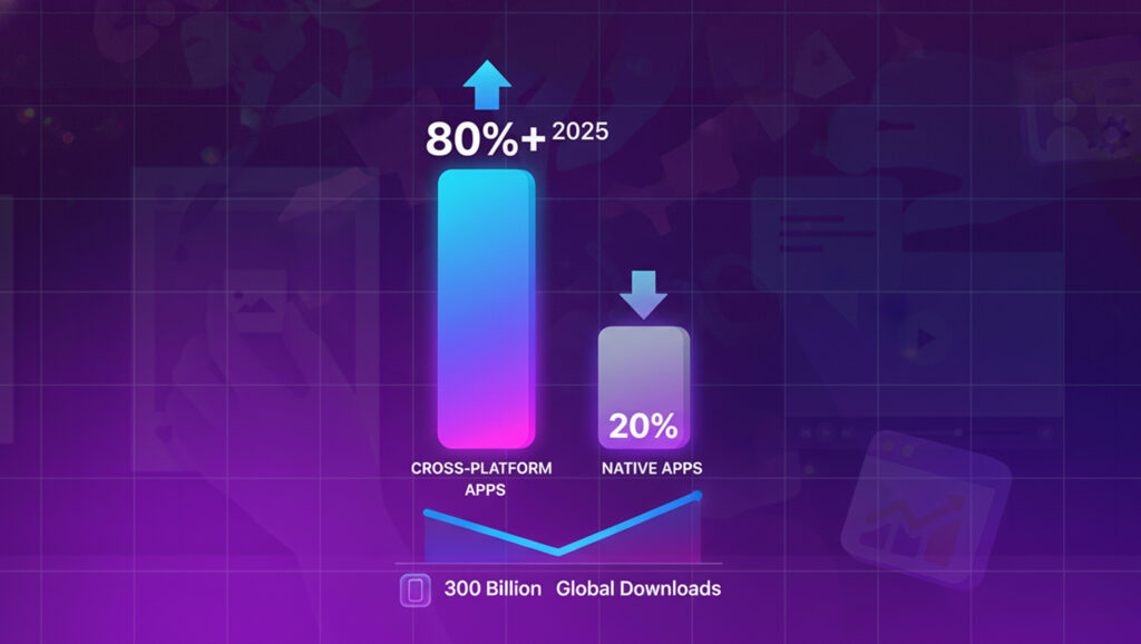 Comparison chart showing cross-platform apps reaching over 80% adoption in 2025 versus only 20% for native apps, with a global total of 300 billion app downloads.