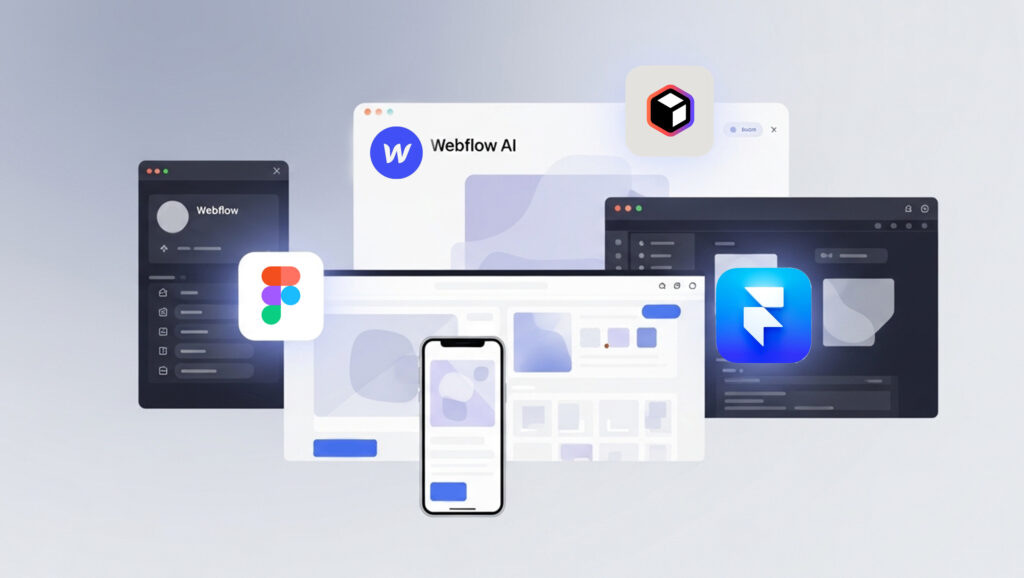 AI web design tools for 2025, showing interfaces for Webflow AI, Figma, and Framer AI across desktop screens and a mobile phone, illustrating modern website development with artificial intelligence.