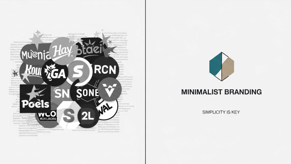 A comparison image showing cluttered, complex logos on the left versus a clean, simple minimalist branding logo with the text "Simplicity is Key" on the right, illustrating the shift in modern brand identity design.
