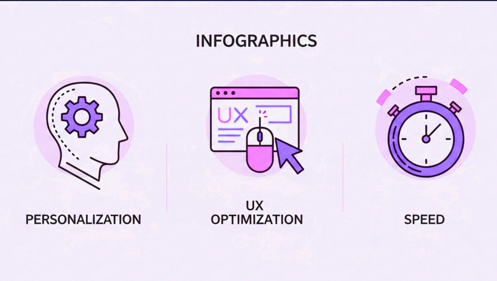Infographic showing the three core benefits of AI web design: Personalization, Automated UX Optimization, and Radical Speed and Efficiency in modern website development.