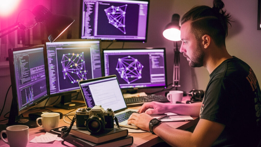 Strategic web designer using multiple monitors to audit and direct AI-generated outputs, focusing on data analysis and strategic concepts in modern website development, rather than manual coding.