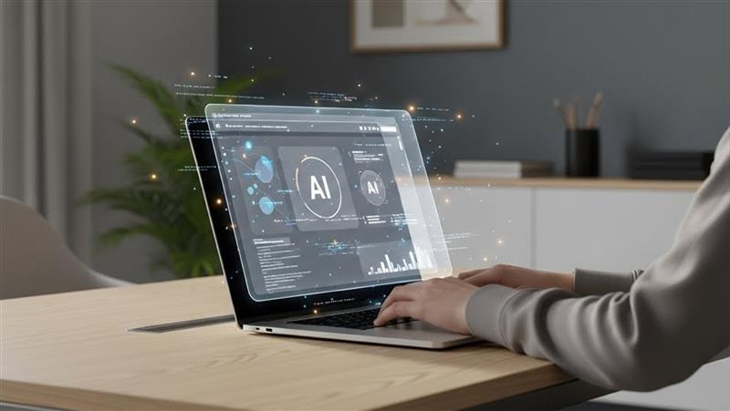 Hands on a laptop with an advanced AI data overlay, symbolizing the collaborative future of high-quality SEO content where human strategy guides AI tools for ideation and optimization.