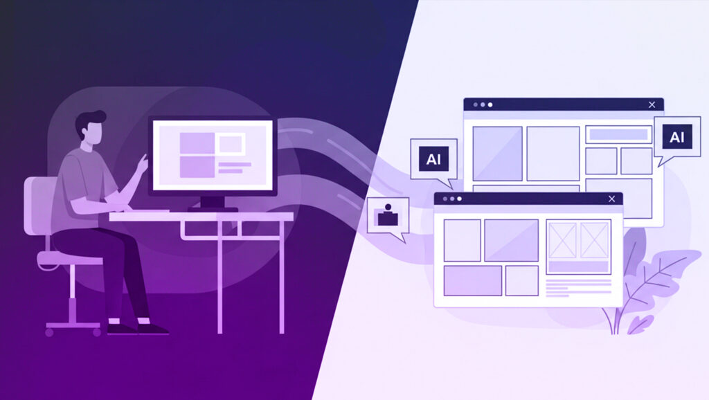 Illustration of the human touch in AI web design, depicting an expert designer guiding AI-powered tools to create structured website layouts, bridging the gap between human strategy and automated web development.