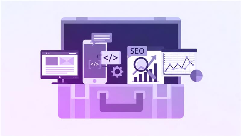 Digital toolkit briefcase with web design, development, SEO, and analytics tools representing white label agency expertise and services