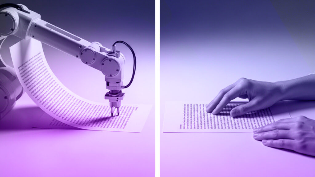 Side-by-side comparison of AI robotic writing (left) versus human hands reviewing content (right), illustrating the difference between AI content volume and authentic human content value and experience.