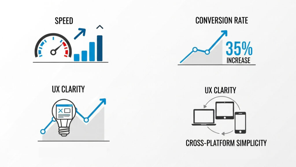 Infographic showing business metrics improved by minimalist branding, including increased Speed, UX Clarity, Cross-Platform Simplicity, and a 35 percent increase in Conversion Rate.
