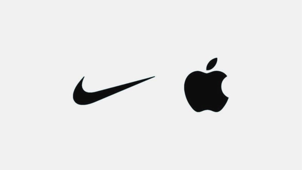 Iconic examples of minimalist branding logos, showing the simple Nike Swoosh and Apple logo, demonstrating enhanced brand recall and success through simple logo design services.