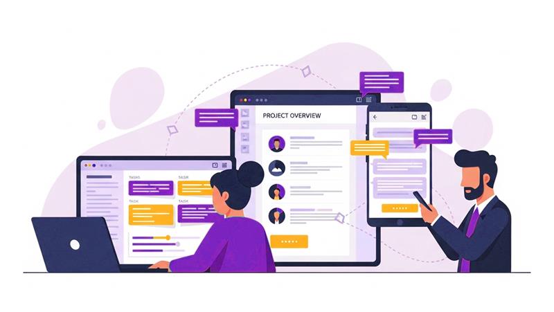 Team members collaborating on project management platform showing seamless communication in white label agency workflow