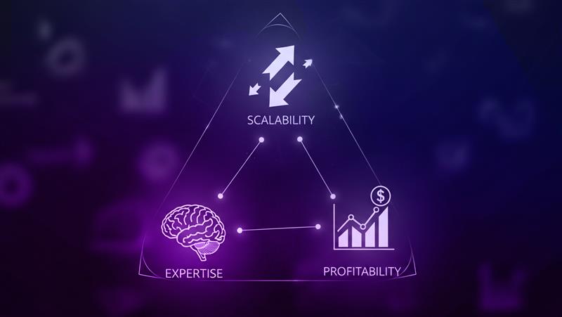 Triangle diagram showing three core advantages of white label partnerships: scalability, expertise, and profitability for agencies