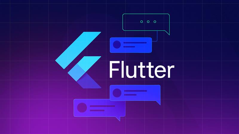 Flutter logo with chat bubbles graphic representing modern app development, highlighting Flutter’s popularity for building cross-platform mobile apps in 2025.