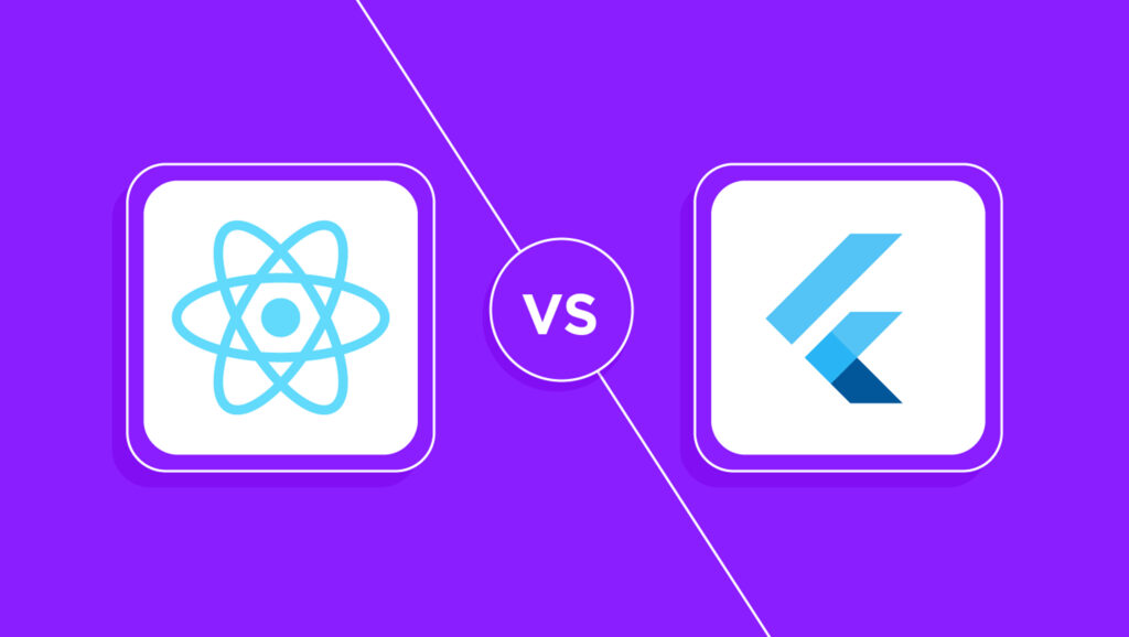 React Native vs Flutter comparison graphic illustrating top cross-platform app development frameworks in 2025 for mobile apps, set on a vibrant purple background.