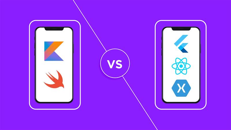 Side-by-side comparison graphic showing native app development tools (Kotlin and Swift) versus cross-platform frameworks (Flutter, React Native, and Xamarin).