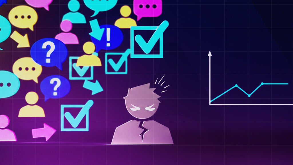 Overwhelmed agency owner facing burnout with tasks, client demands, and declining growth chart illustrating solo agency challenges