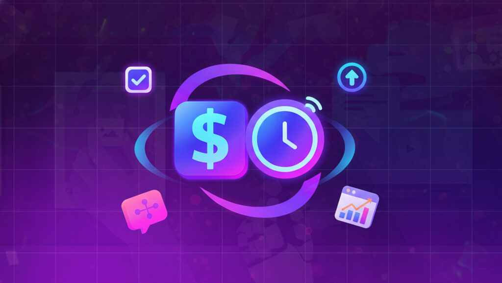 Stacked dollar sign and clock icons symbolizing cost savings and faster delivery with cross-platform app development in 2025, surrounded by growth and technology graphics.